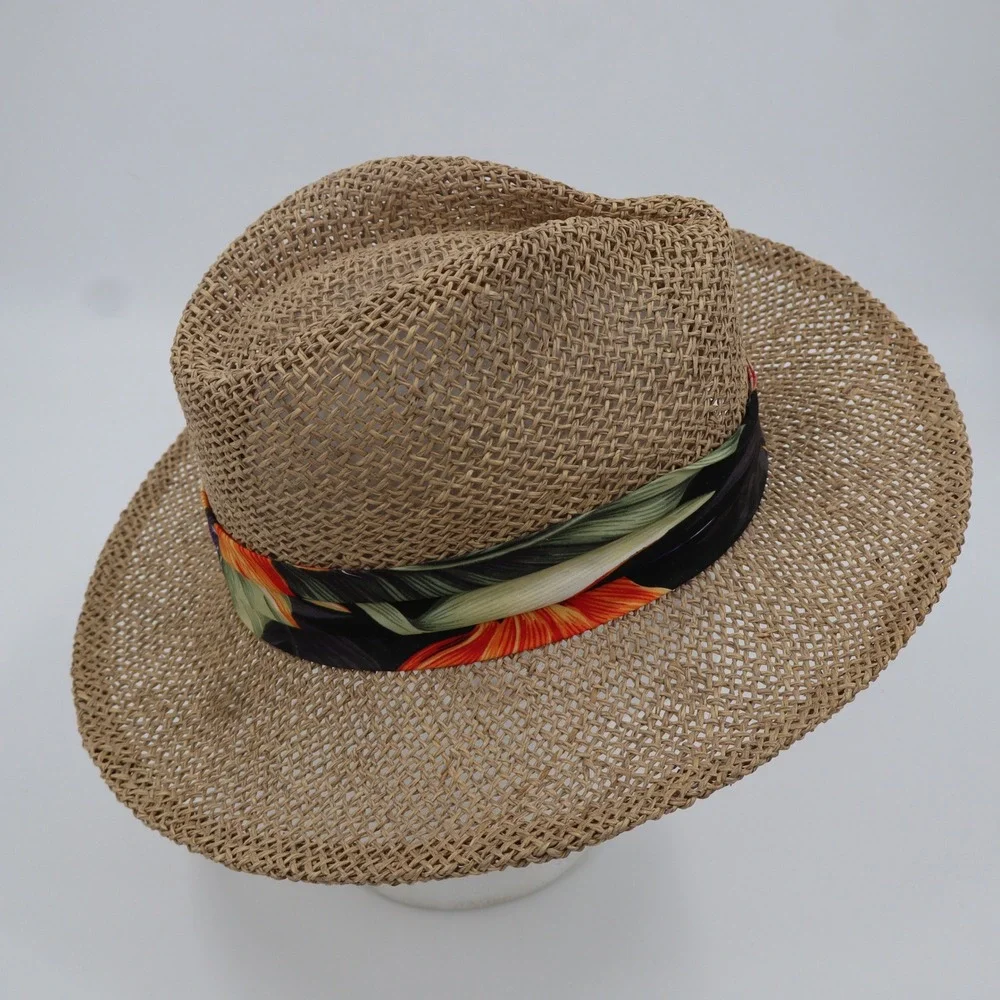 Hawaiian Headwear Straw Fedora Hat Unisex‎ OSFA Tan Tropical Floral Band